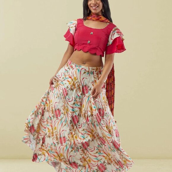 White Printed Lehenga with Pink Crop Top | Muvvas Boutique - Picture 4 of 5